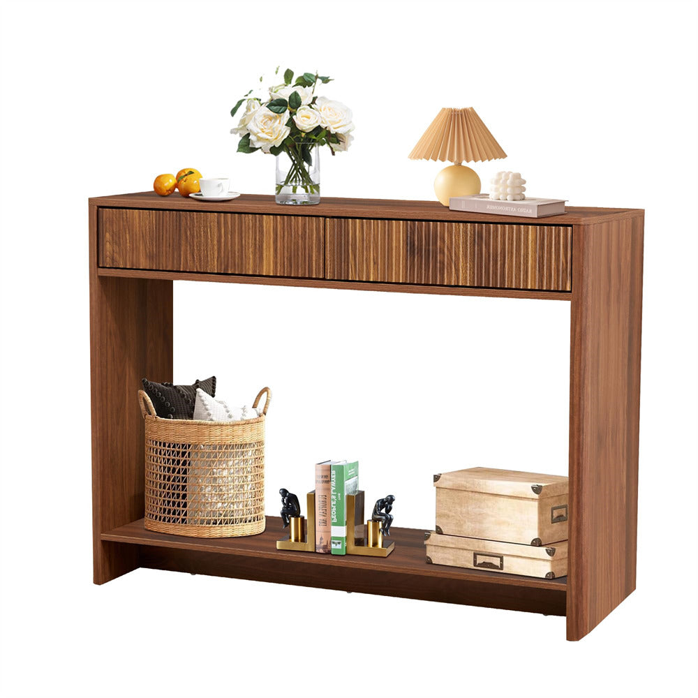 Walnut Mid Century Farmhouse Fluted Narrow Console Table 43.3' Couch Table with Storage and Drawers