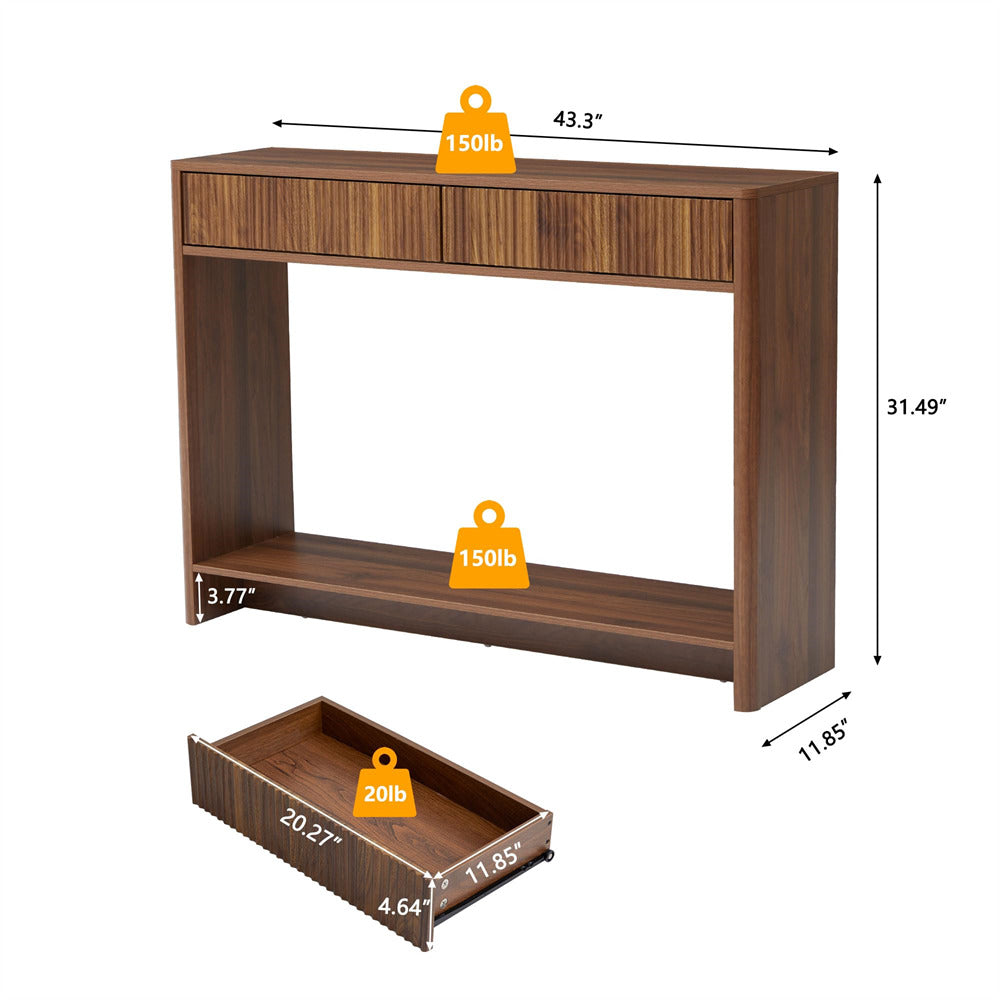 Walnut Mid Century Farmhouse Fluted Narrow Console Table 43.3' Couch Table with Storage and Drawers Size