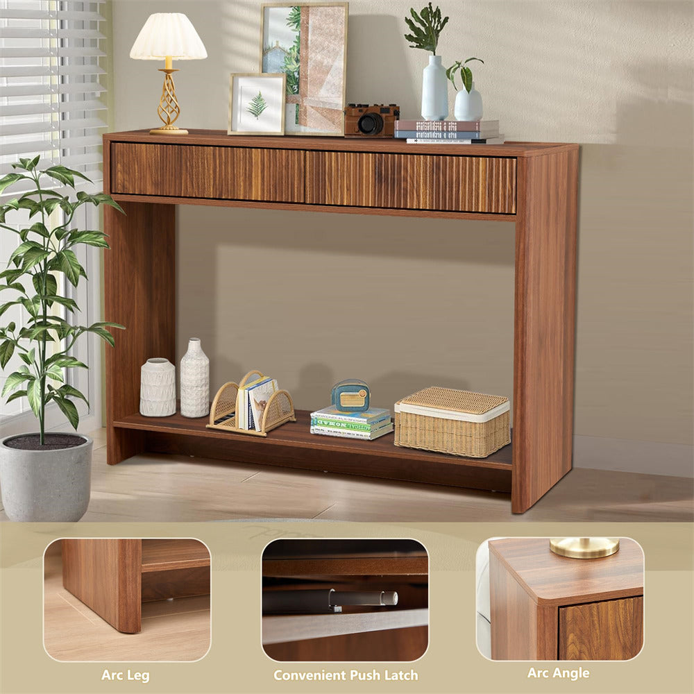 Walnut Mid Century Farmhouse Fluted Narrow Console Table 43.3' Couch Table with Storage and Drawers