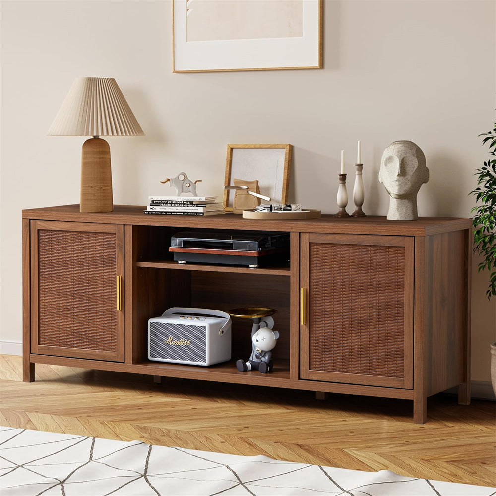 Walnut Mid Century Modern Rustic Rattan TV Stand 65 inch with Storage and Shelves