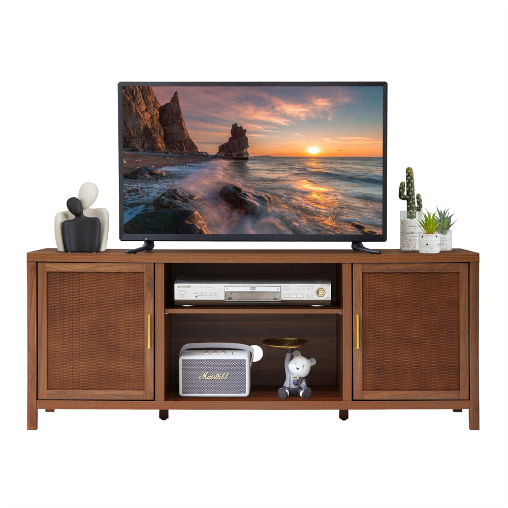 Walnut Mid Century Modern Rustic Rattan TV Stand 65 inch with Storage and Shelves