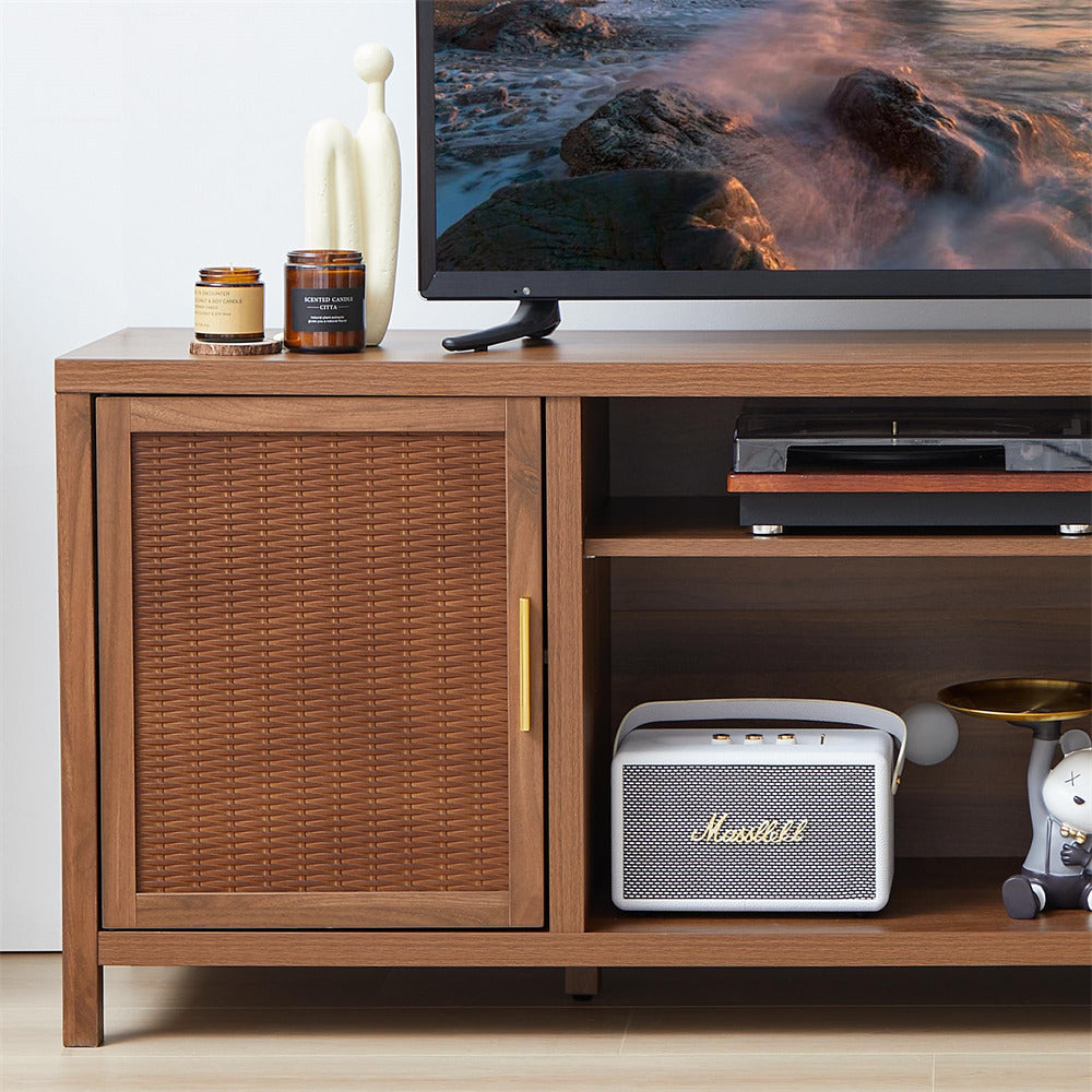 Walnut Mid Century Modern Rustic Rattan TV Stand 65 inch with Storage and Shelves