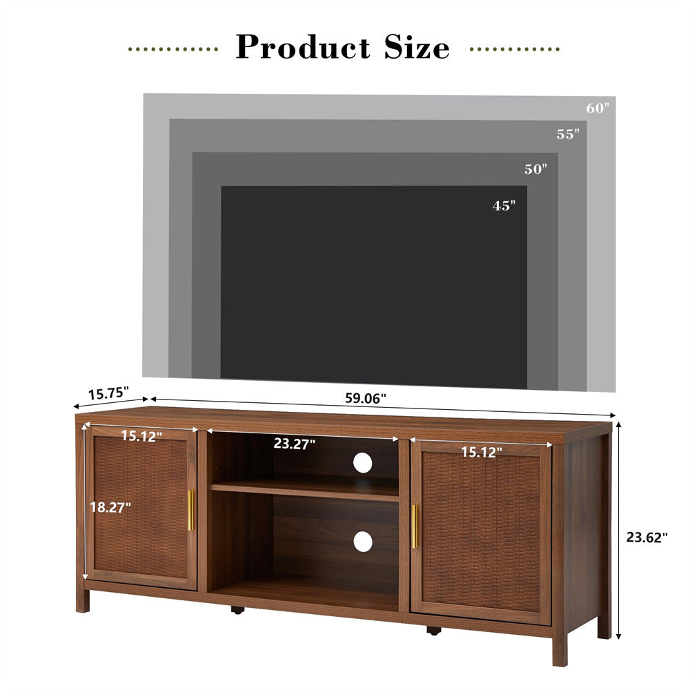 Walnut Mid Century Modern Rustic Rattan TV Stand 65 inch with Storage and Shelves