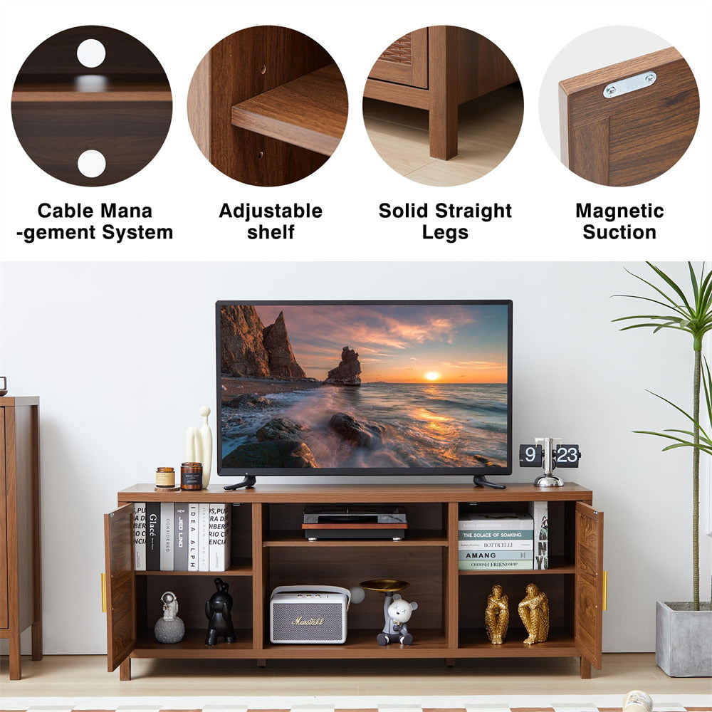 Walnut Mid Century Modern Rustic Rattan TV Stand 65 inch with Storage and Shelves