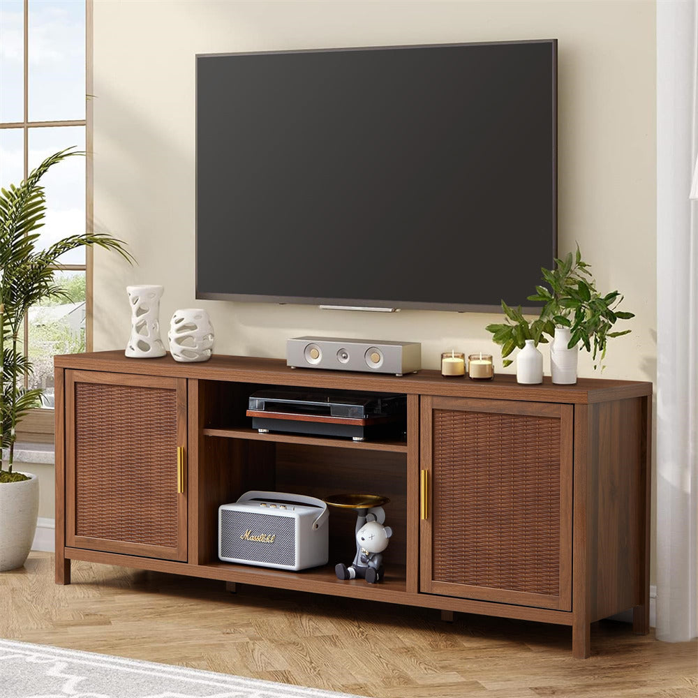 Walnut Mid Century Modern Rustic Rattan TV Stand 65 inch with Storage and Shelves
