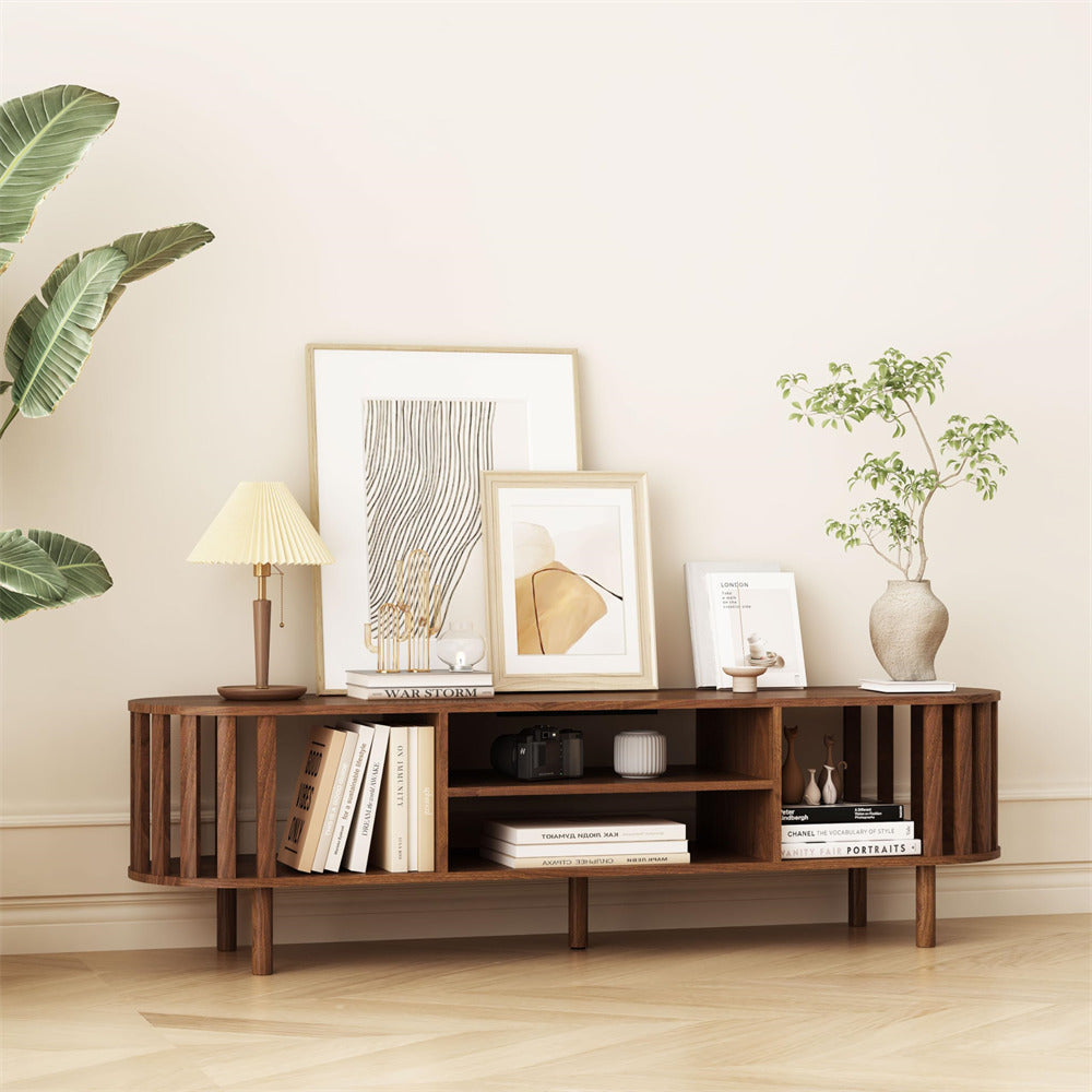 Walnut Mid Century Modern TV Stand up to 70" Curved Profile Design Media Console with Storage Shelves