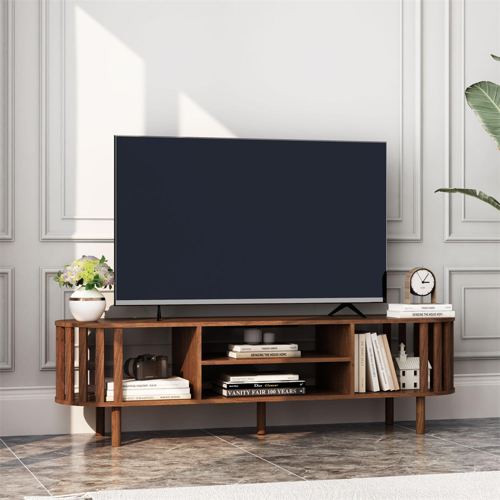 Walnut Mid Century Modern TV Stand up to 70" Curved Profile Design Media Console with Storage Shelves