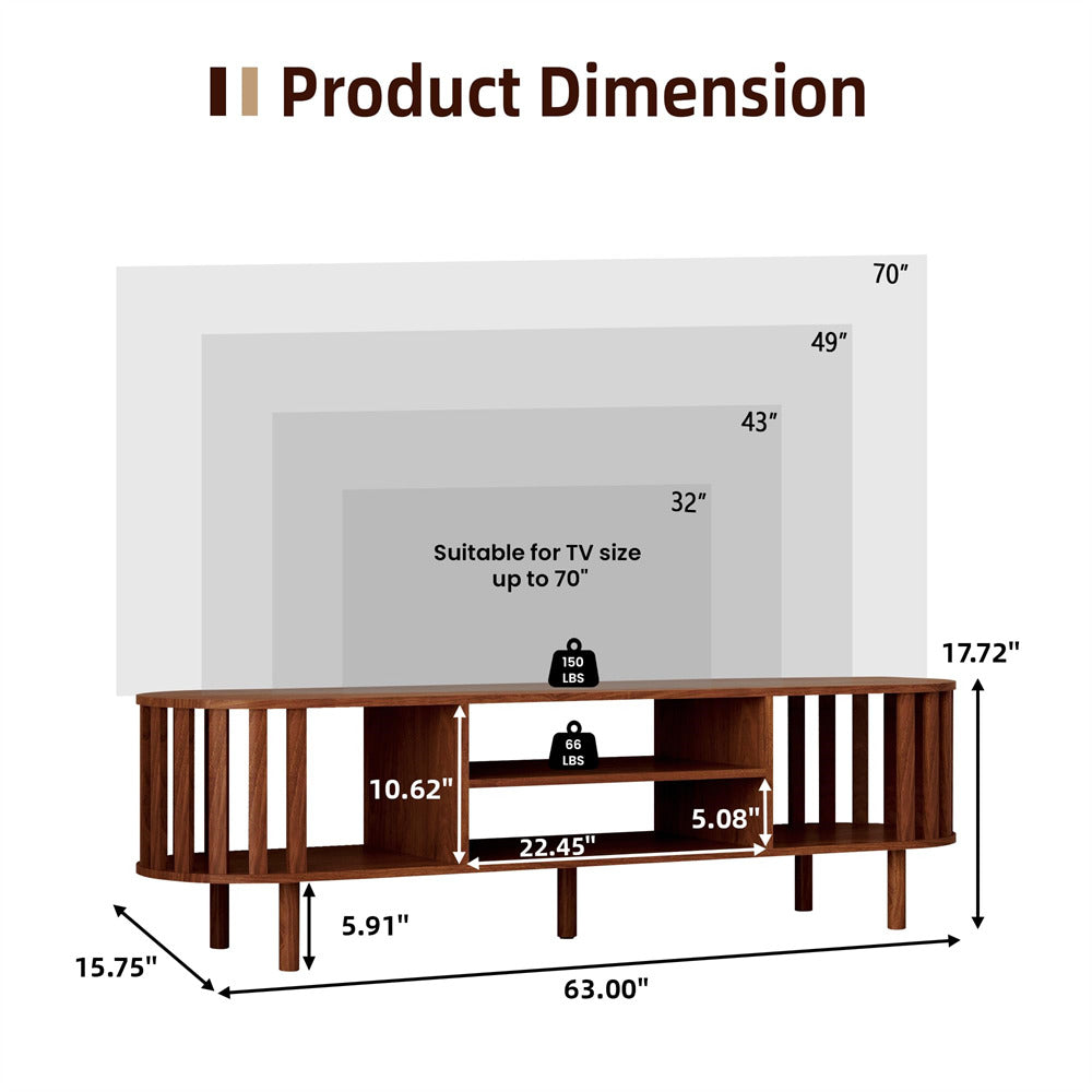 Walnut Mid Century Modern TV Stand up to 70" Curved Profile Design Media Console with Storage Shelves