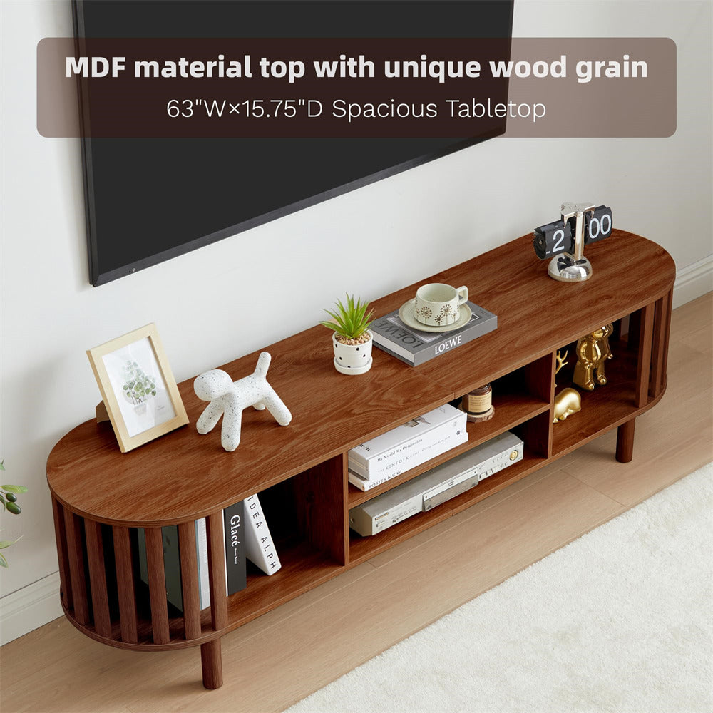 Walnut Mid Century Modern TV Stand up to 70" Curved Profile Design Media Console with Storage Shelves
