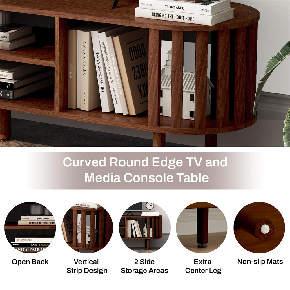 Walnut Mid Century Modern TV Stand up to 70" Curved Profile Design Media Console with Storage Shelves