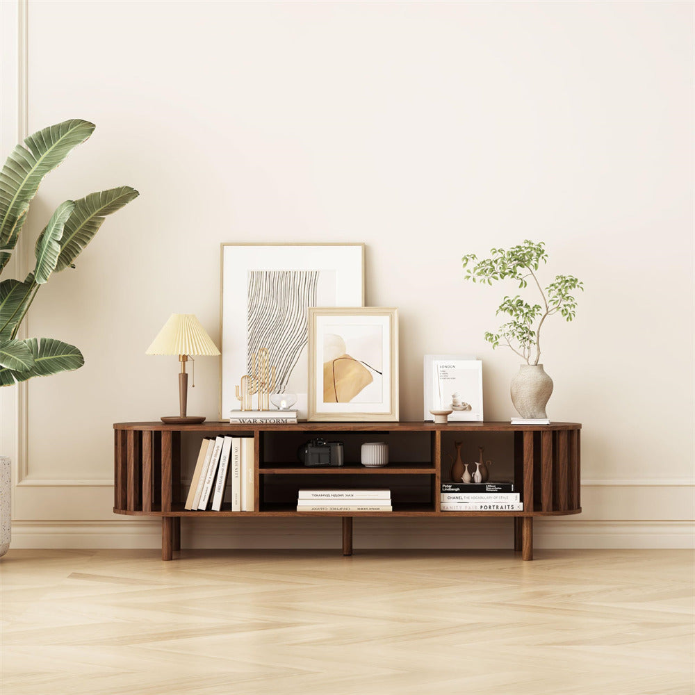 Walnut Mid Century Modern TV Stand up to 70" Curved Profile Design Media Console with Storage Shelves