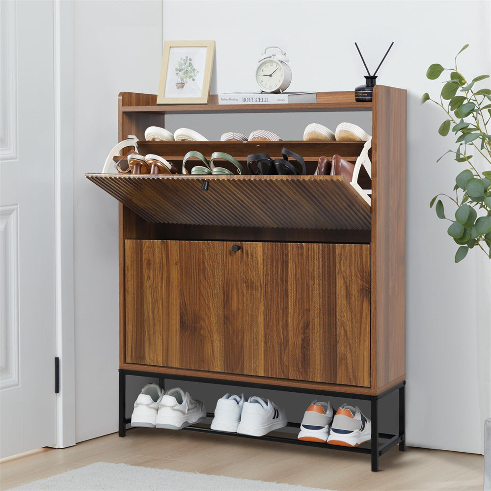 Walnut Modern Fluted Shoe Cabinet Entryway Shoe Rack with 2 Flip Drawers and Metal Legs