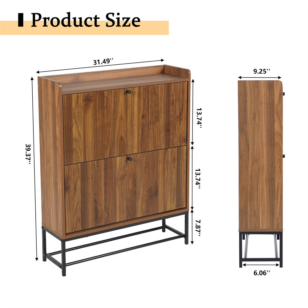 Walnut Modern Fluted Shoe Cabinet Entryway Shoe Rack with 2 Flip Drawers and Metal Legs