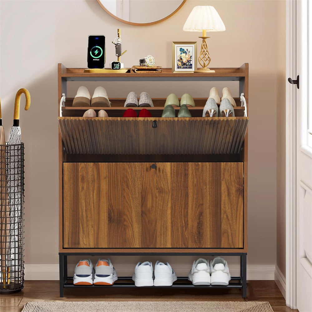 Walnut Modern Fluted Shoe Cabinet Entryway Shoe Rack with 2 Flip Drawers and Metal Legs