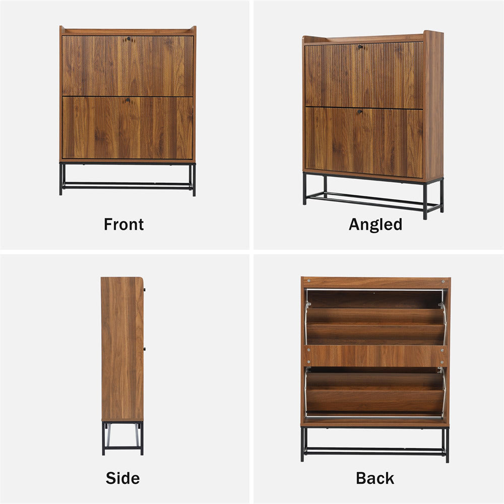 Walnut Modern Fluted Shoe Cabinet Entryway Shoe Rack with 2 Flip Drawers and Metal Legs