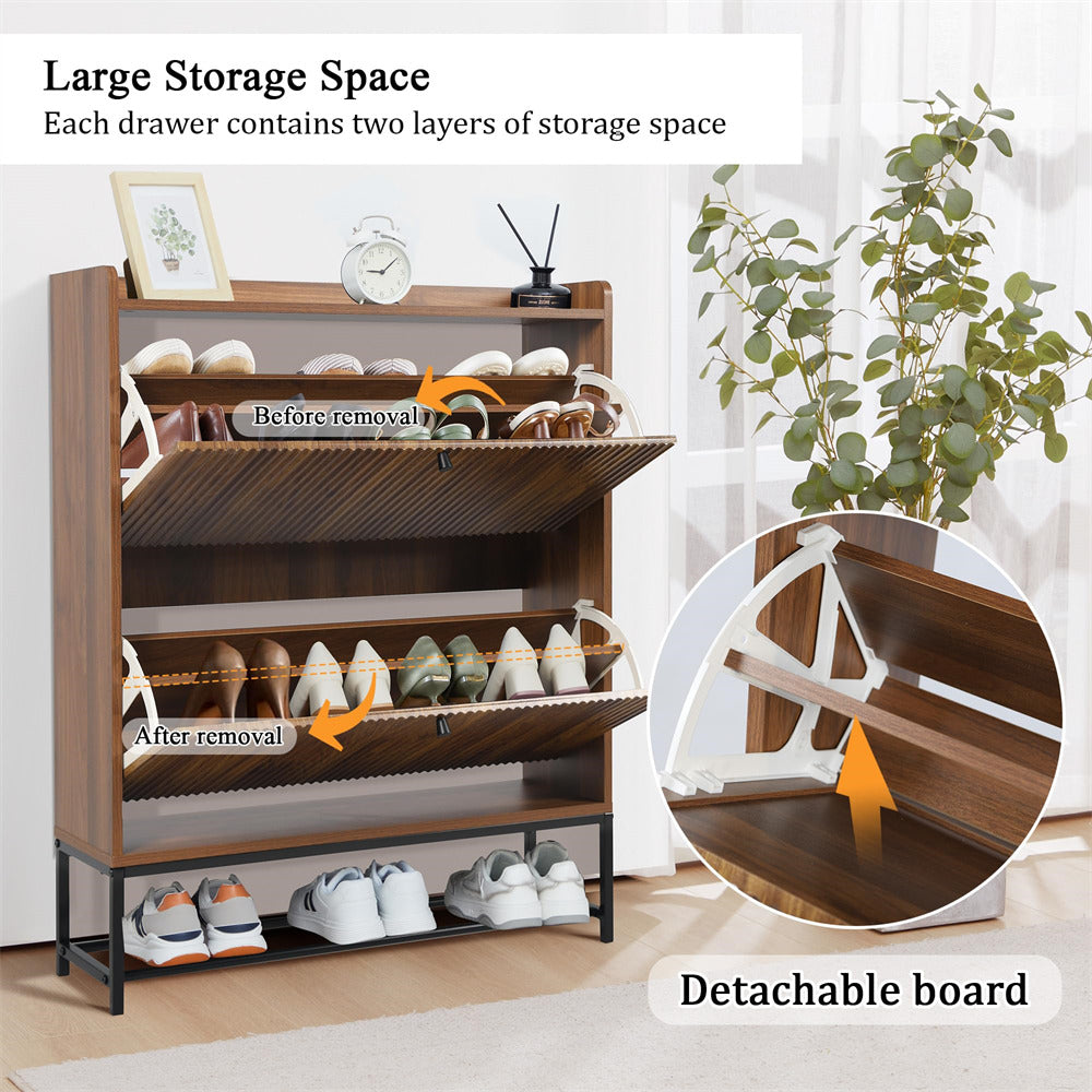 Walnut Modern Fluted Shoe Cabinet Entryway Shoe Rack with 2 Flip Drawers and Metal Legs