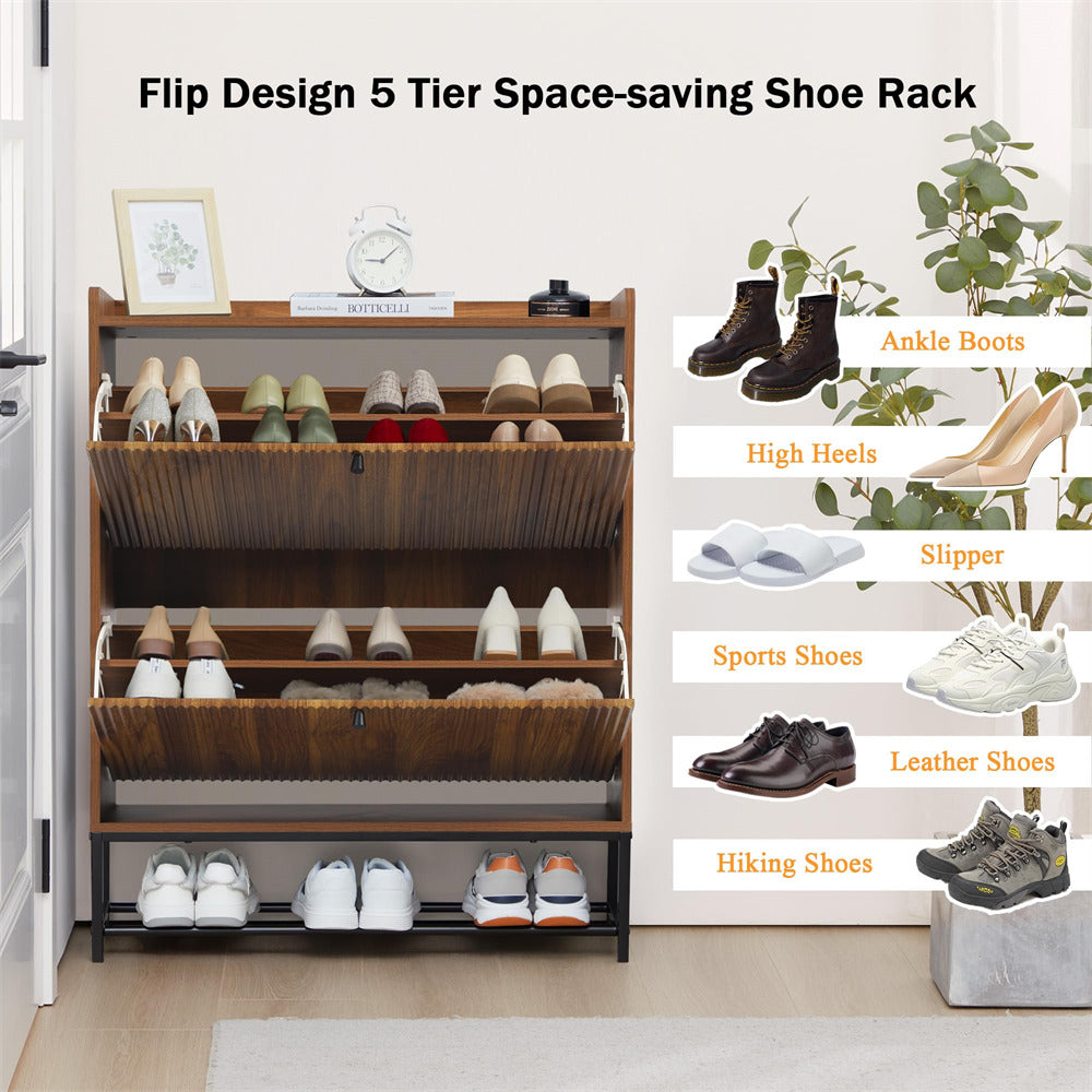 Walnut Modern Fluted Shoe Cabinet Entryway Shoe Rack with 2 Flip Drawers and Metal Legs