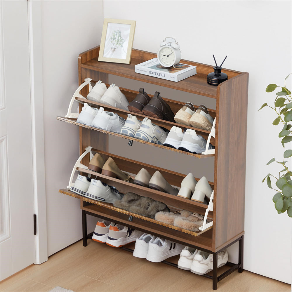 Walnut Modern Fluted Shoe Cabinet Entryway Shoe Rack with 2 Flip Drawers and Metal Legs