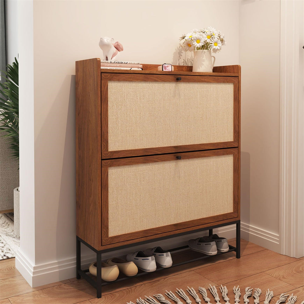 Walnut Modern Freestanding Shoe Cabinet Storage Entryway Shoe Rack with 2 Linen Doors