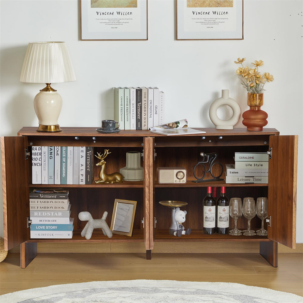 Walnut Modern Kitchen Storage Sideboard Buffet Cabinet Console Table with 4 Fluted Doors