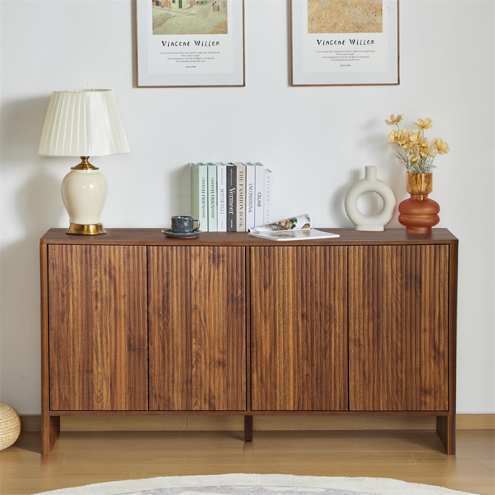 Walnut Modern Kitchen Storage Sideboard Buffet Cabinet Console Table with 4 Fluted Doors