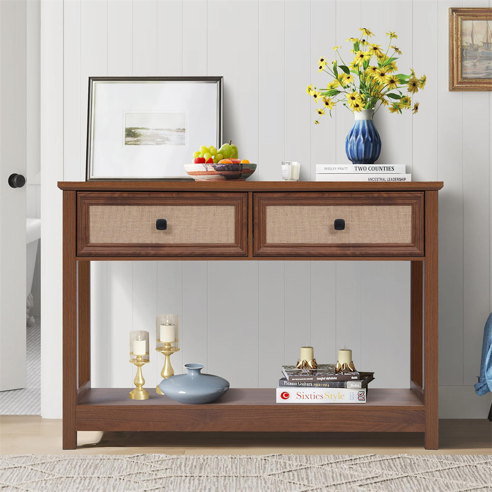 Walnut Modern Narrow Boho Entryway Console Table with Open Storage Shelves and Burlap Rattan Drawers