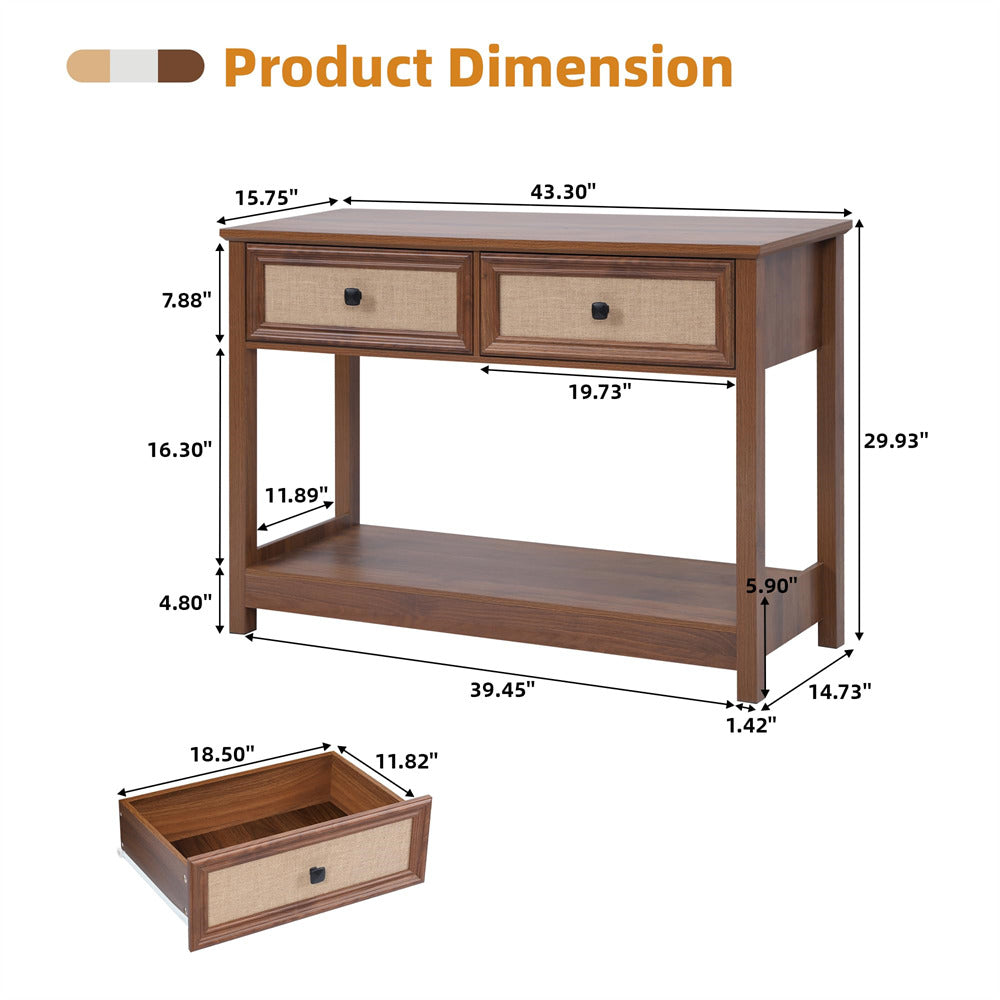 Walnut Modern Narrow Boho Entryway Console Table with Open Storage Shelves and Burlap Rattan Drawers