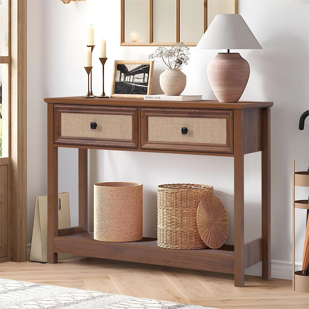 Walnut Modern Narrow Boho Entryway Console Table with Open Storage Shelves and Burlap Rattan Drawers
