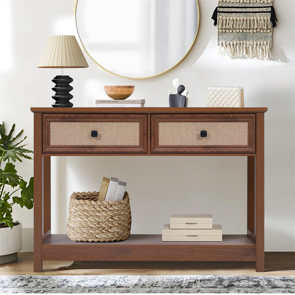Walnut Modern Narrow Boho Entryway Console Table with Open Storage Shelves and Burlap Rattan Drawers