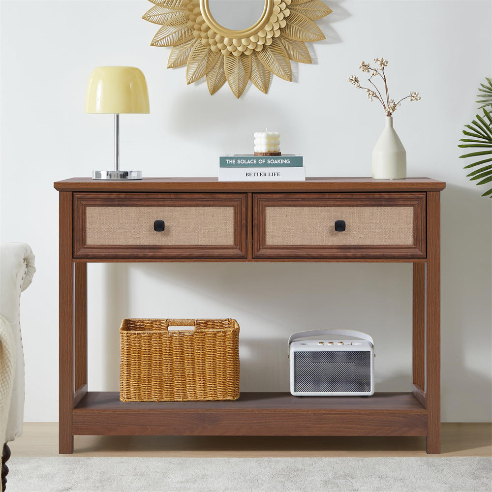 Walnut Modern Narrow Boho Entryway Console Table with Open Storage Shelves and Burlap Rattan Drawers
