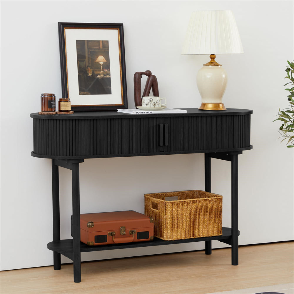Black Modern Narrow Sofa Console Table with Storage and Sliding Door