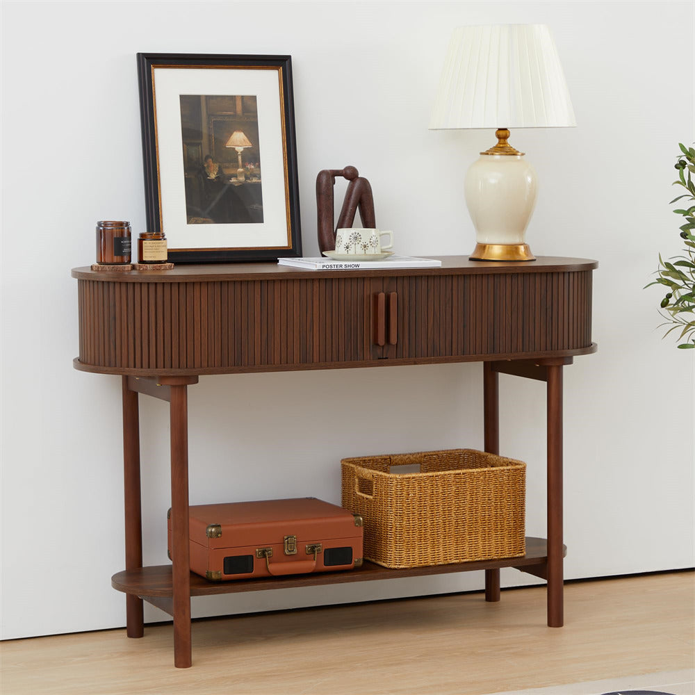Walnut Modern Narrow Sofa Console Table with Storage and Sliding Door
