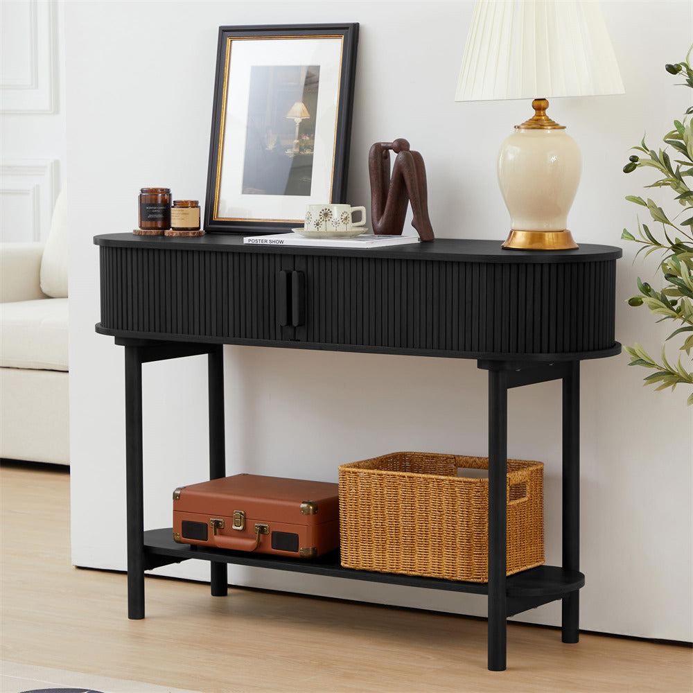 Black Modern Narrow Sofa Console Table with Storage and Sliding Door