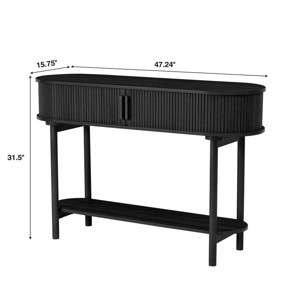 Black Modern Narrow Sofa Console Table with Storage and Sliding Door