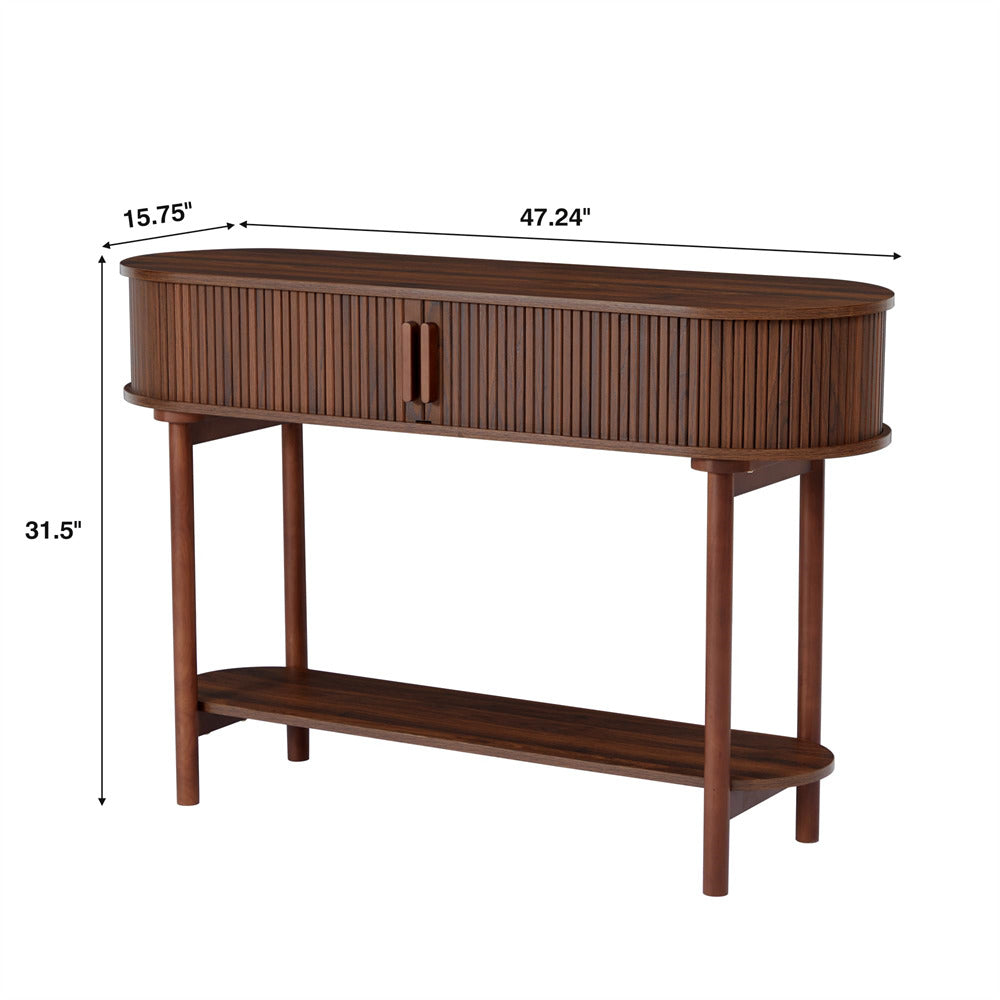 Walnut Modern Narrow Sofa Console Table with Storage and Sliding Door