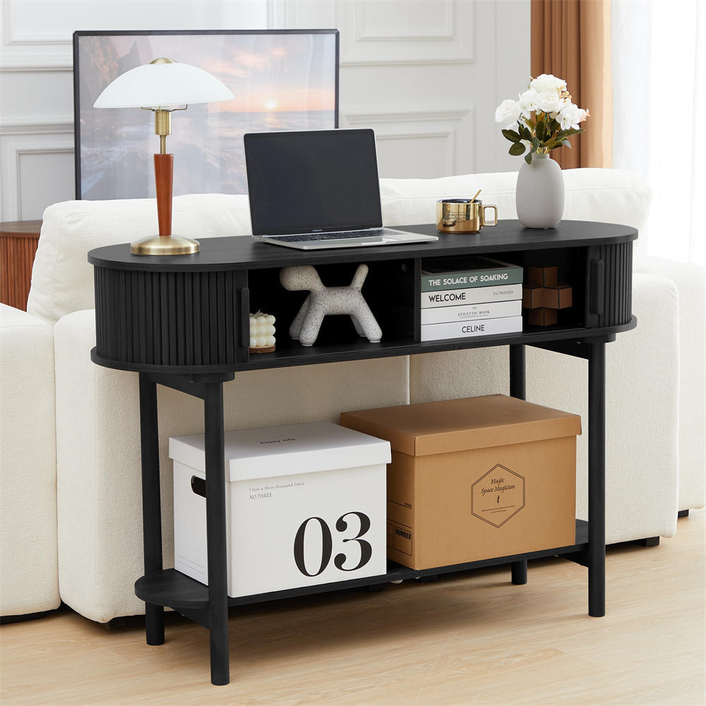 Black Modern Narrow Sofa Console Table with Storage and Sliding Door