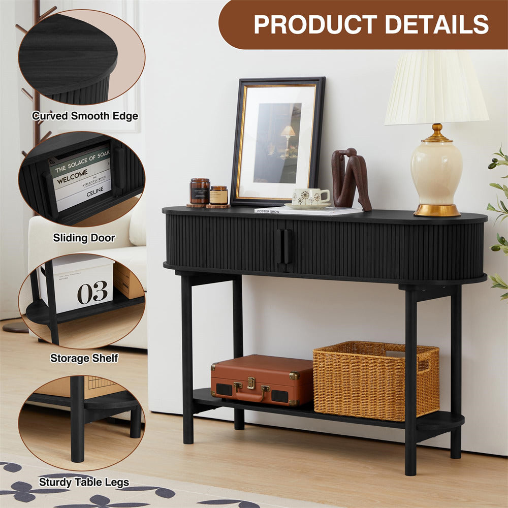 Black Modern Narrow Sofa Console Table with Storage and Sliding Door
