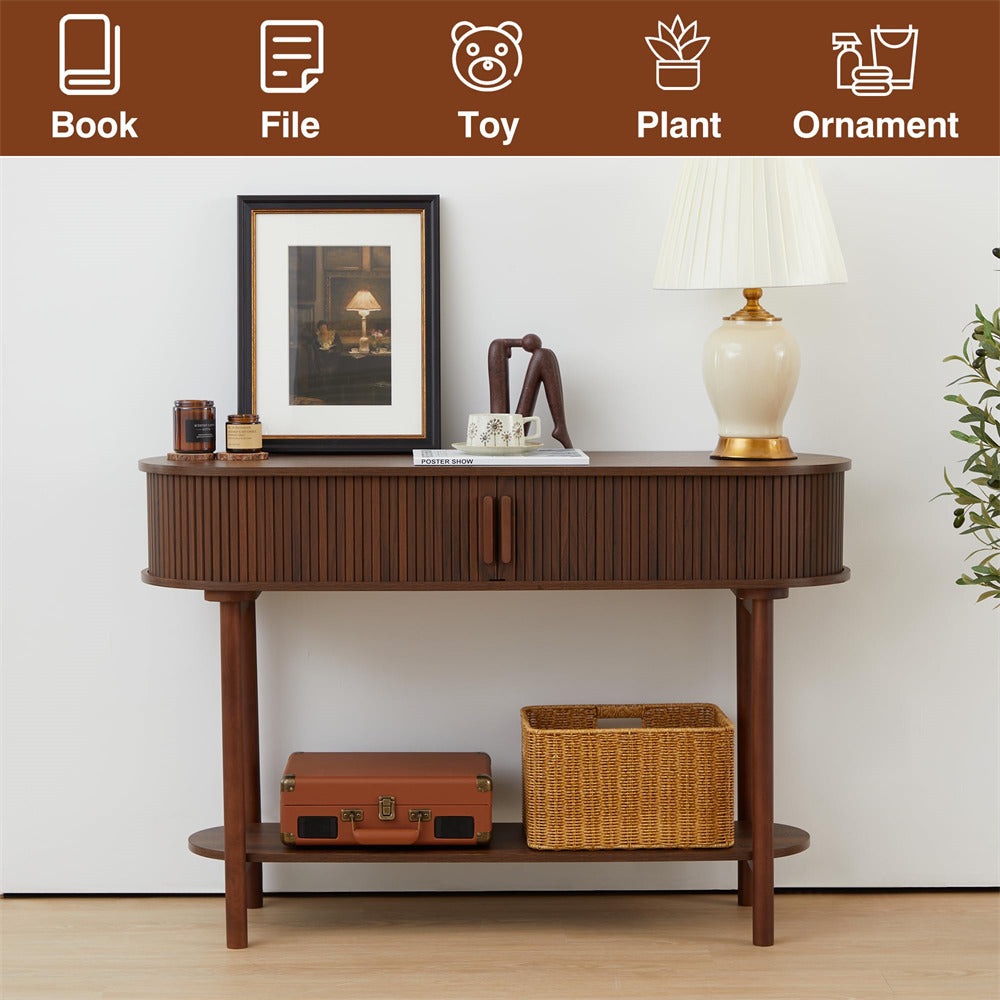 Walnut Modern Narrow Sofa Console Table with Storage and Sliding Door
