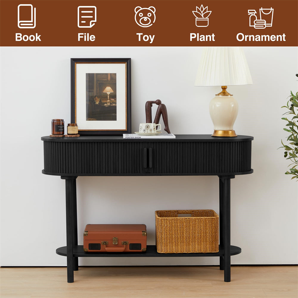 Black Modern Narrow Sofa Console Table with Storage and Sliding Door