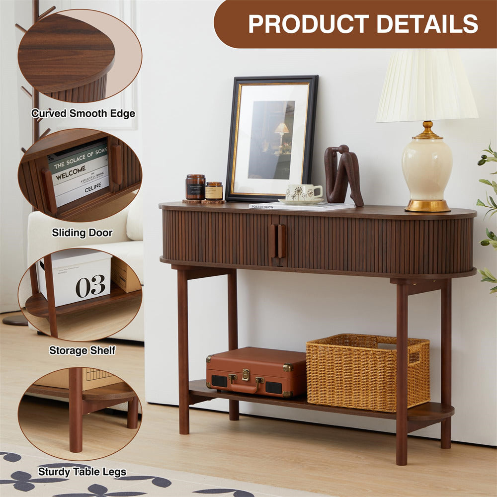 Walnut Modern Narrow Sofa Console Table with Storage and Sliding Door