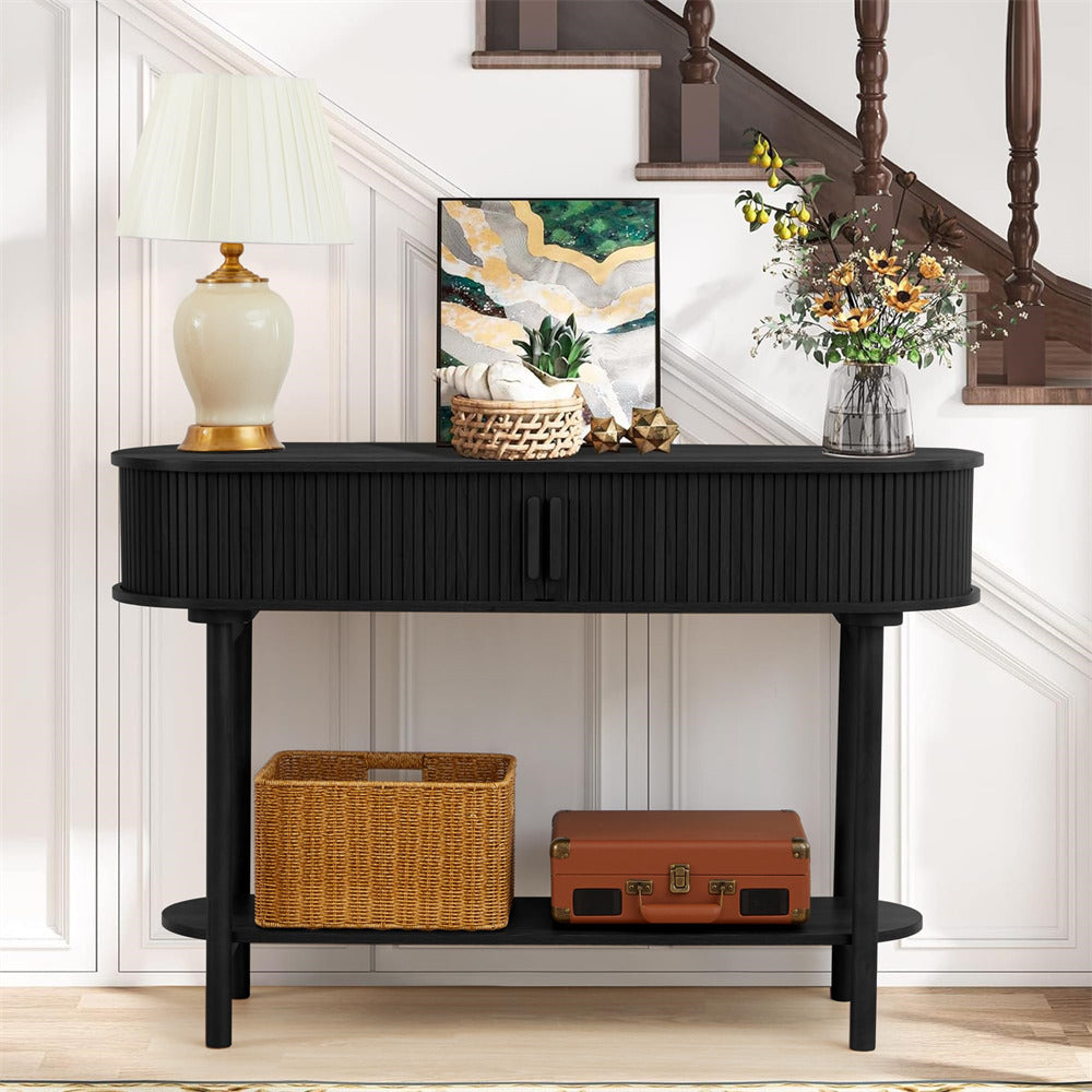 Black Modern Narrow Sofa Console Table with Storage and Sliding Door