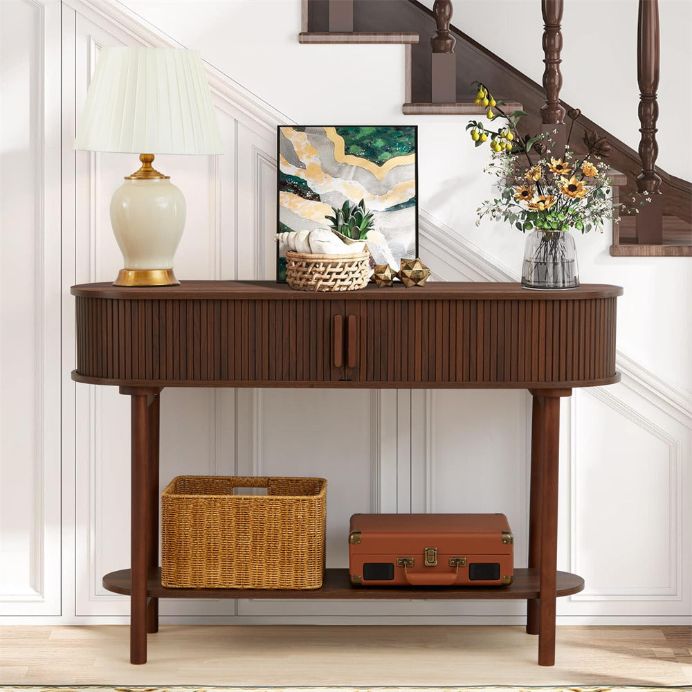 Walnut Modern Narrow Sofa Console Table with Storage and Sliding Door