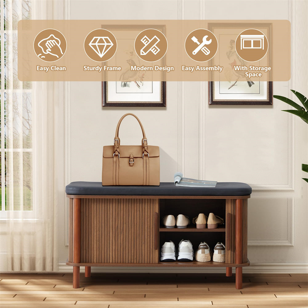 Walnut Modern Shoe Storage Bench with Leather Cushion and Sliding Door