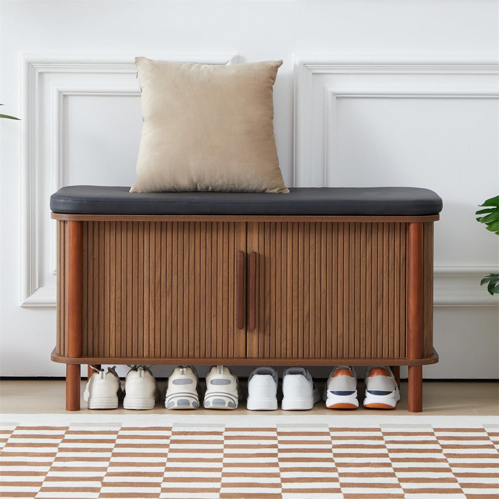 Walnut Modern Shoe Storage Bench with Leather Cushion and Sliding Door