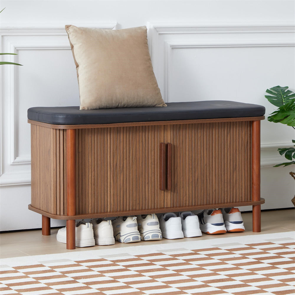 Walnut Modern Shoe Storage Bench with Leather Cushion and Sliding Door