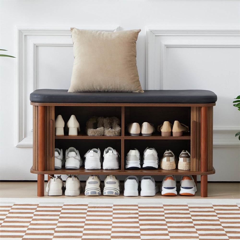 Walnut Modern Shoe Storage Bench with Leather Cushion and Sliding Door
