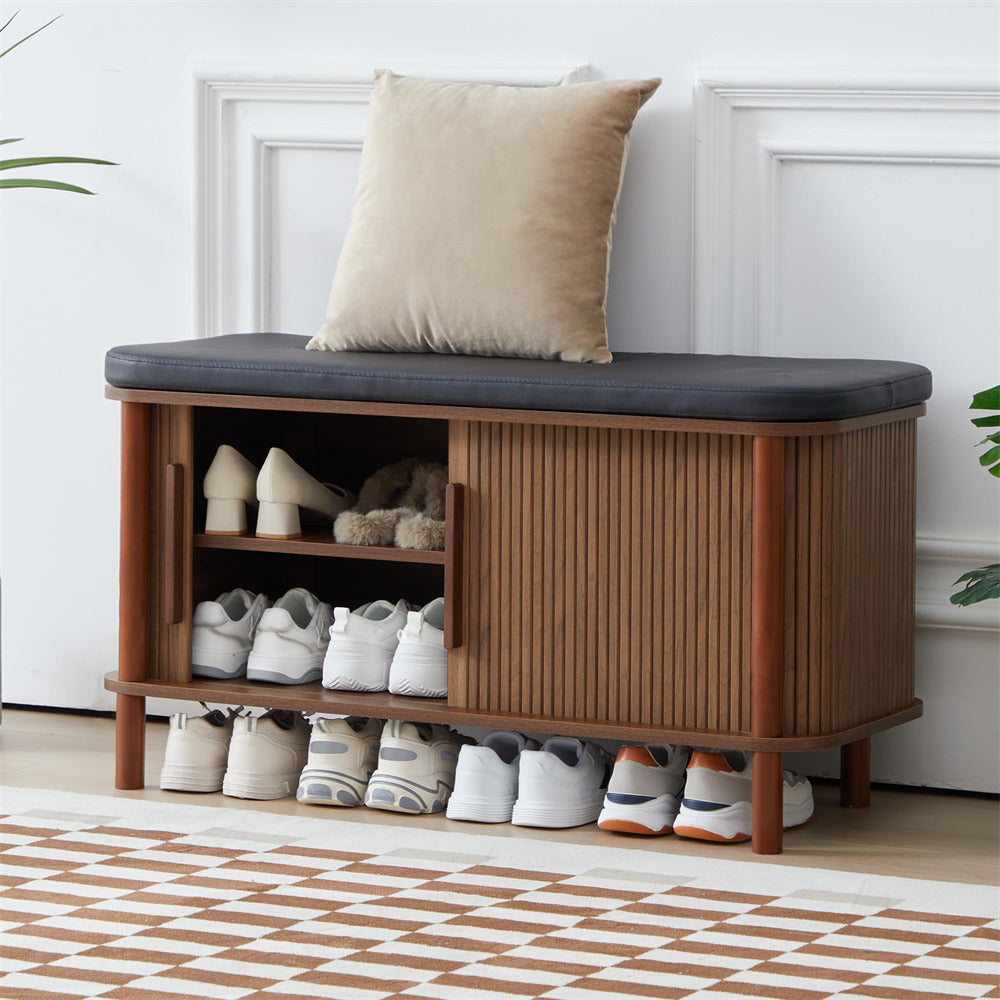 Walnut Modern Shoe Storage Bench with Leather Cushion and Sliding Door