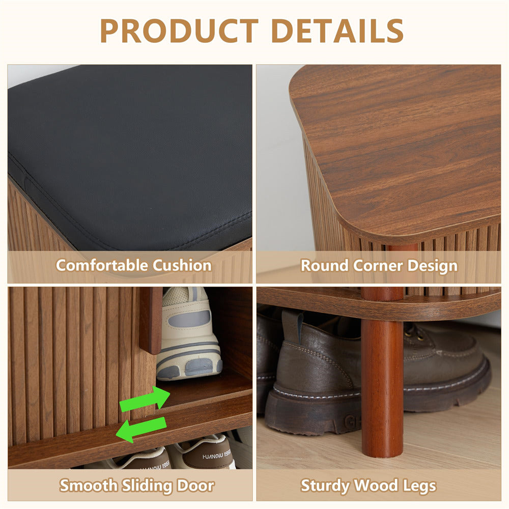 Walnut Modern Shoe Storage Bench with Leather Cushion and Sliding Door