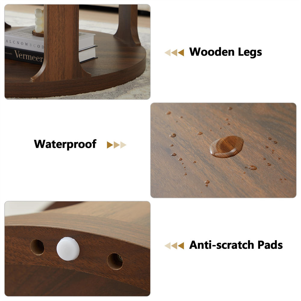 Walnut Modern Side Table Round Nesting Coffee Table Set of 2 with Storage Shelf