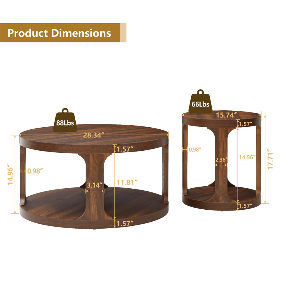 Walnut Modern Side Table Round Nesting Coffee Table Set of 2 with Storage Shelf